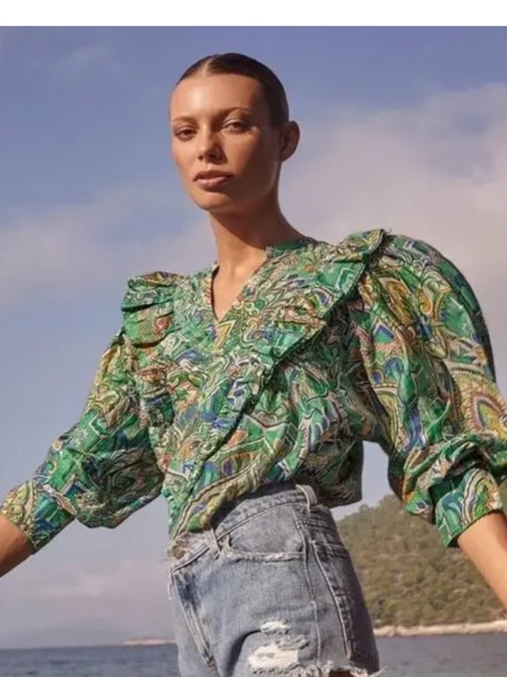 Green Paisley Ruffle-Peplum V-Neck Blouse